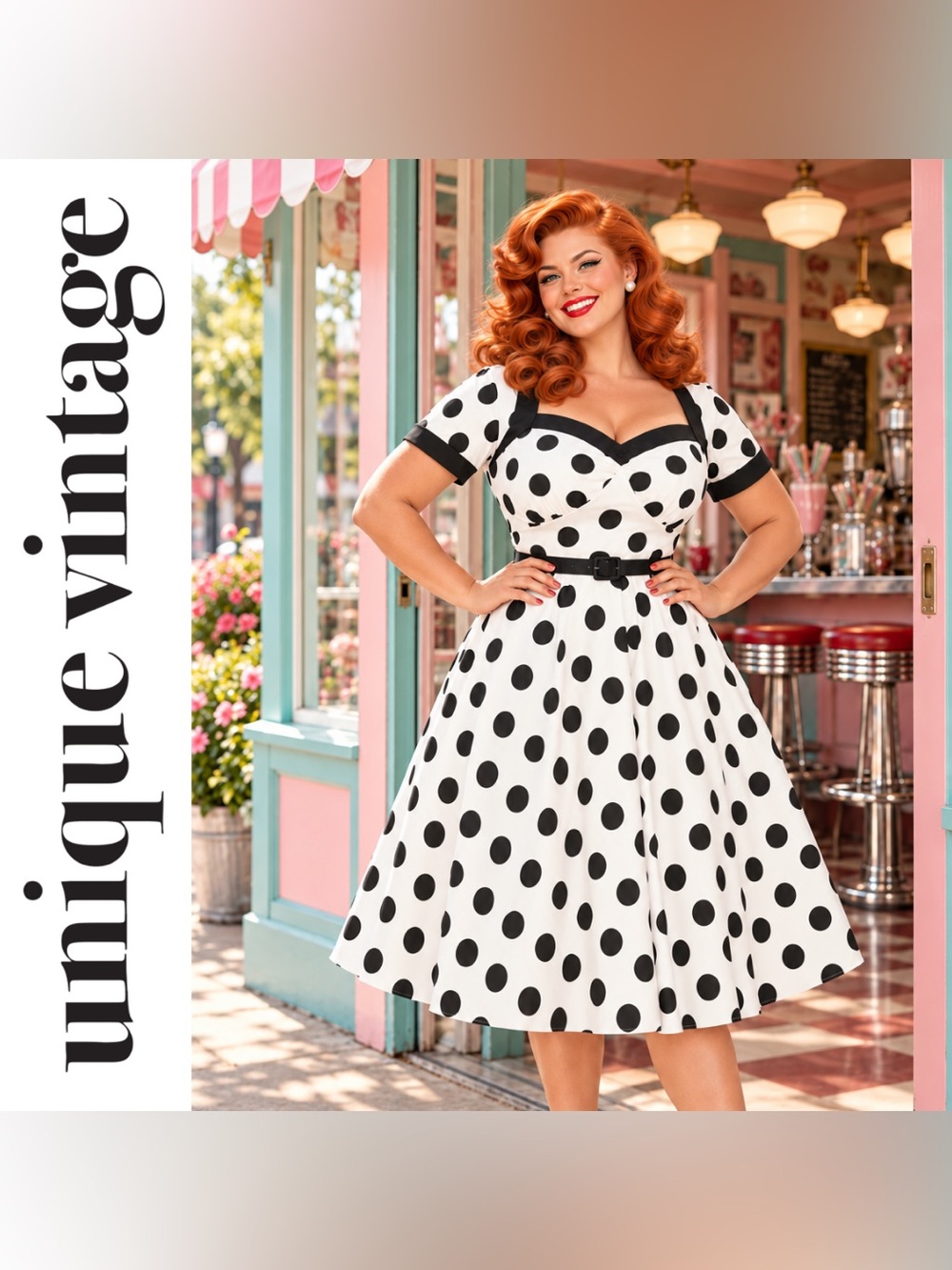 Unique Vintage 1950s White & Black Polkadot Swing Dress + Capelet, Size XL, NWT!